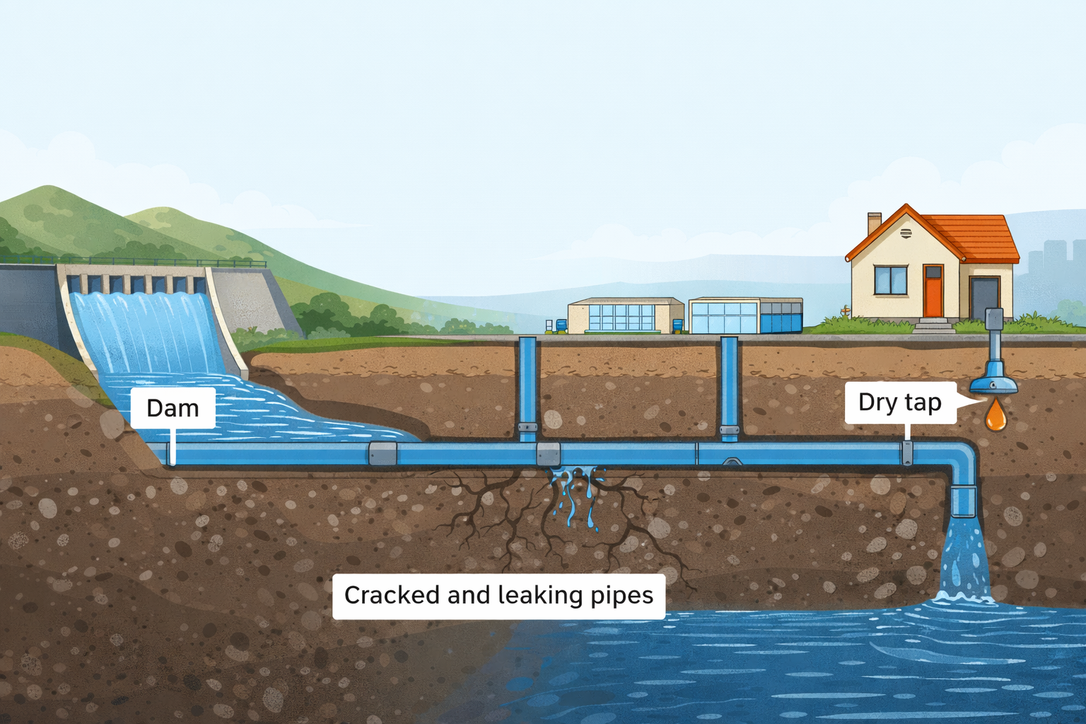 A dry dam and broken water pipes in rural Kenya, illustrating rural water infrastructure failure across Sub-Saharan Africa
