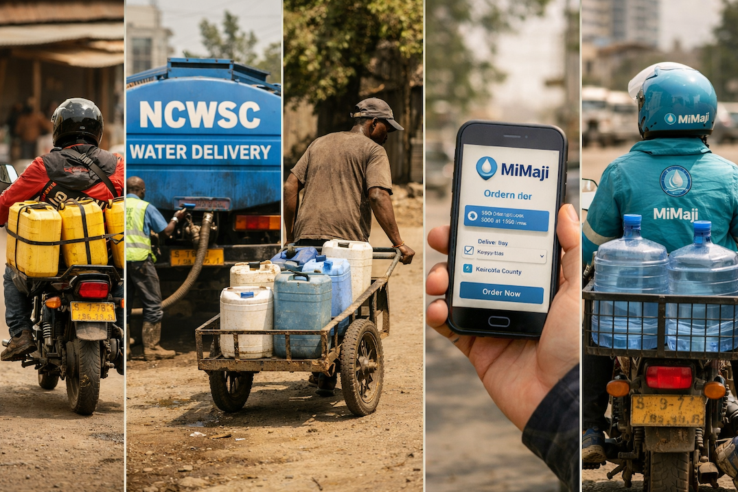 The Nairobi water delivery ecosystem: boda boda riders, NCWSC tankers, handcart vendors, the MiMaji mobile app, and verified MiMaji delivery riders