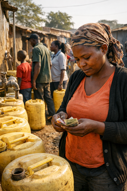 A woman buying water from a vendor in Nairobi, illustrating the price inequality of urban water in Kenya