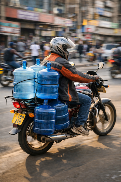 A boda boda rider in Nairobi delivering jerrycans of water, a common sight in informal water vendor networks across Kenyan cities