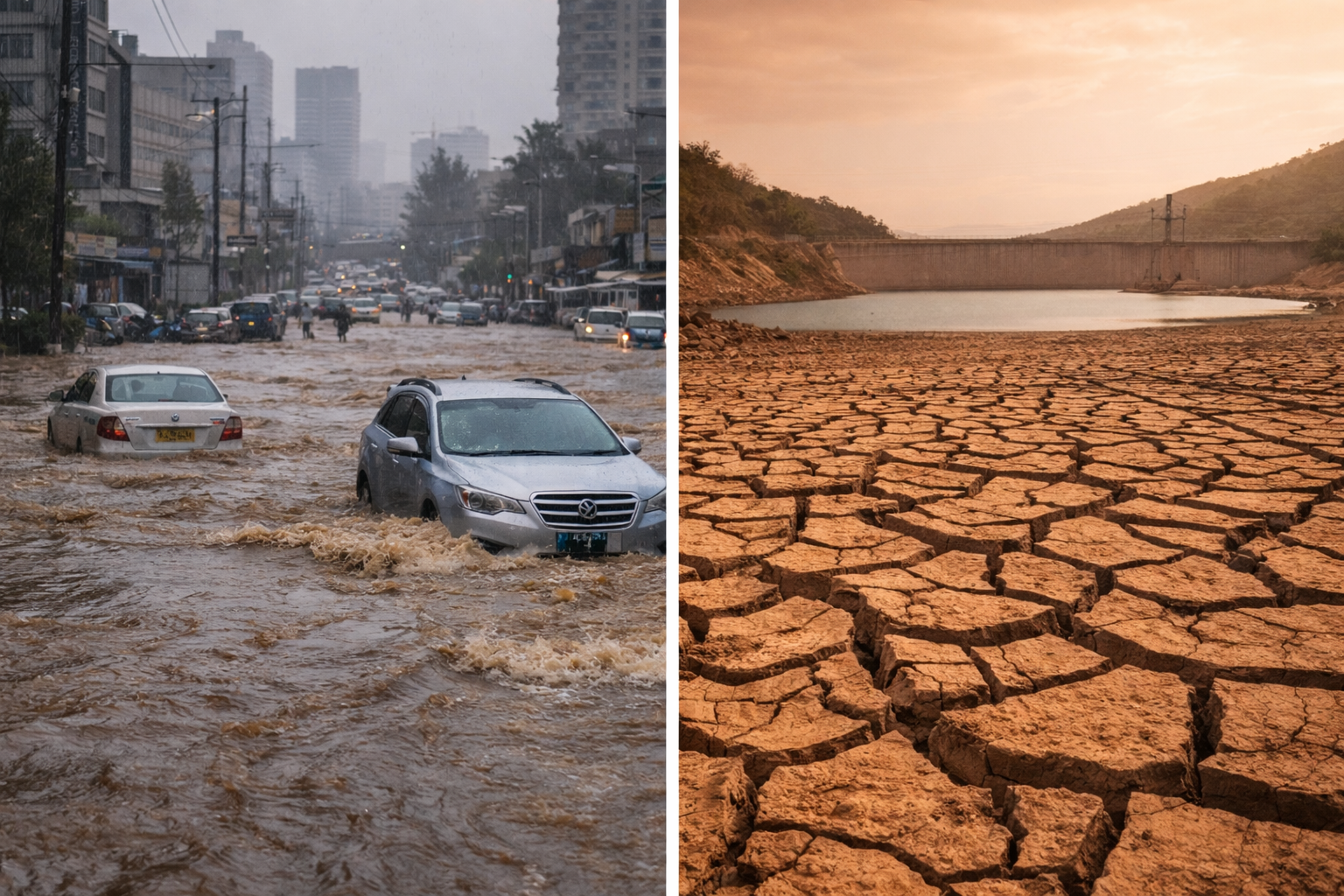 Split image showing flooded streets and cracked drought-stricken earth in Kenya, the climate water stress paradox