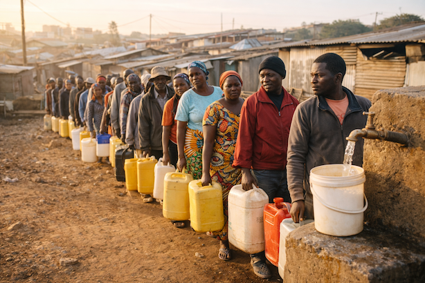 A long queue of residents waiting at a water collection point in Kenya holding jerrycans, the daily reality of urban water scarcity