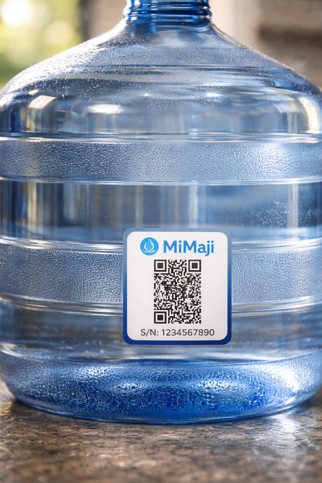 MiMaji 20L water bottle with QR code label and serial number for water source verification