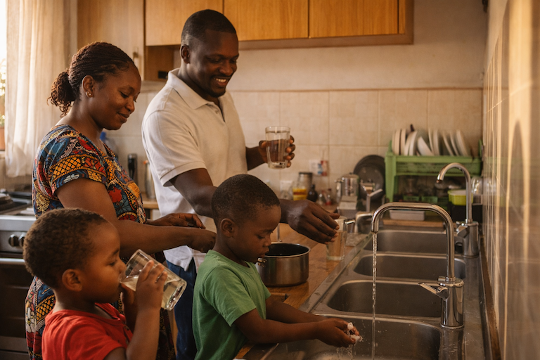 A Nairobi family washing dishes at home, illustrating the everyday water challenges MiMaji Foundation works to solve in Kenya