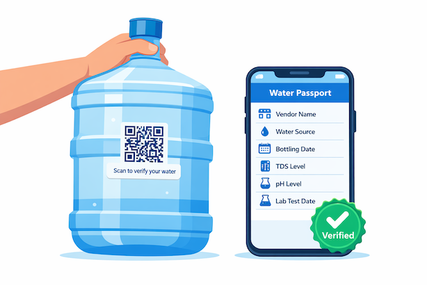 MiMaji Know Your Water app screen showing water source, treatment, and quality information after a QR code scan
