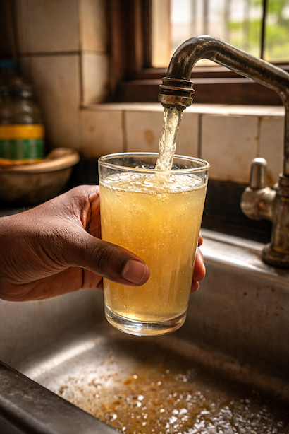 Discoloured unsafe tap water in a Nairobi apartment showing the contamination risk in urban Kenyan homes