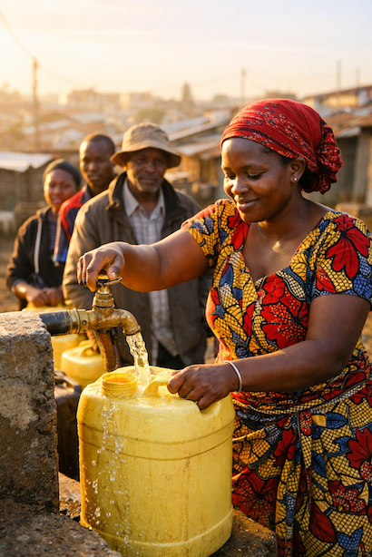 A woman filling a jerrycan from a borehole tap in Nairobi, the everyday reality MiMaji Foundation works to change