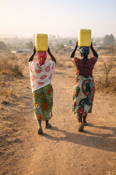 Women carrying water jerrycans on their backs in rural Kenya, the everyday water crisis MiMaji Foundation works to solve